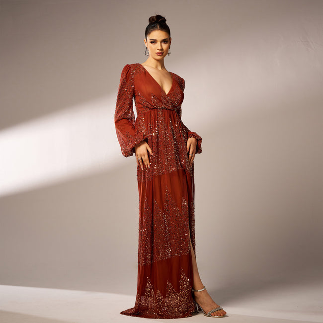 Long Sleeve V-neck Sexy Long Sequined Evening Dress Main Image