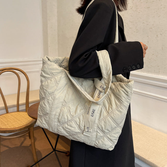 Winter Tote Bag For Women Sewing Rhombus Shoulder Bag High Capacity Commuting Shopping Bag Personalized Handbags Main Image