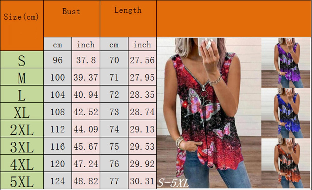 V-neck Zipper Fashion Butterfly Print Loose Vest For Women