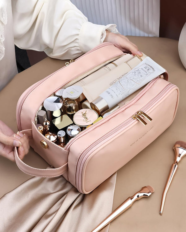 Travel Makeup Bag For Women, Large Capacity Cosmetic Organizer With Wide Opening, Waterproof Portable Toiletry Storage Bag For Easy Access Hover Image