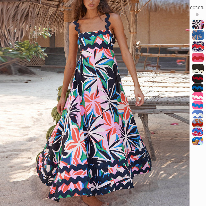 Women's SpringSummer New Suspender Printed Long Dress