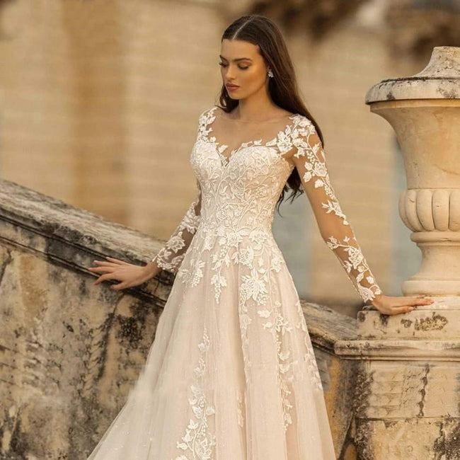 Long Sleeve Wedding Dress Mori Style Bridal Simple Round Neck Main Image