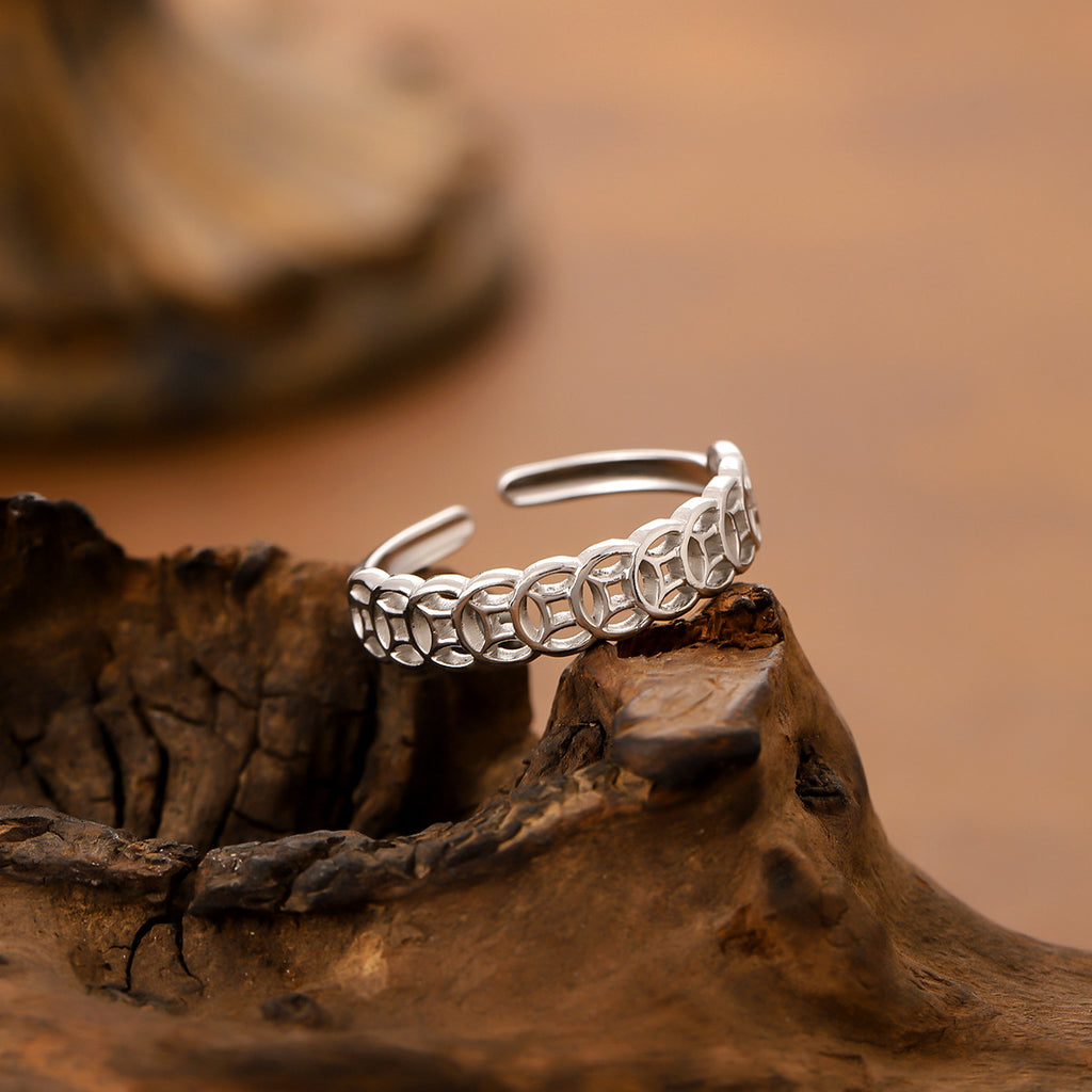 Lucky Coin Titanium Steel Ring For Women & Men, Hollow Coin Design, Feng Shui Wealth Lucky Jewelry, Anti-Fade Couple Rings