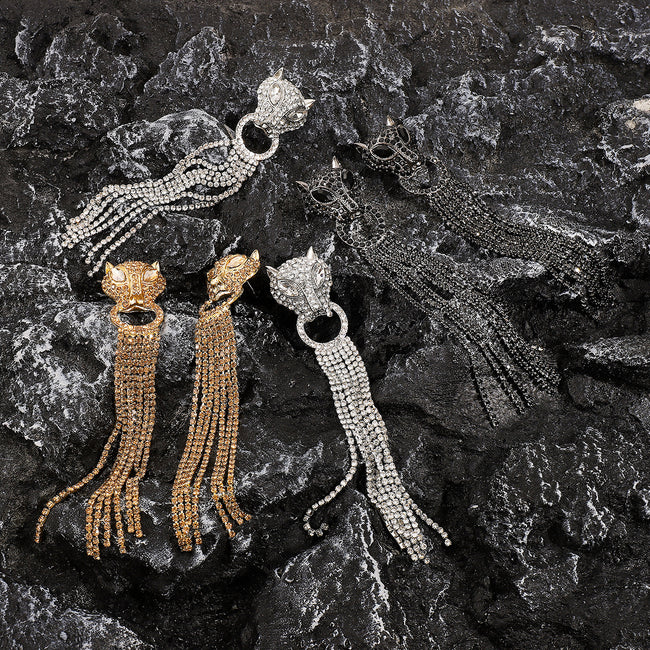 Personalized Leopard Head Earrings With Tassel Rhinestones Trendy Fashion Jewelry Luxury Long Earrings For Women Main Image