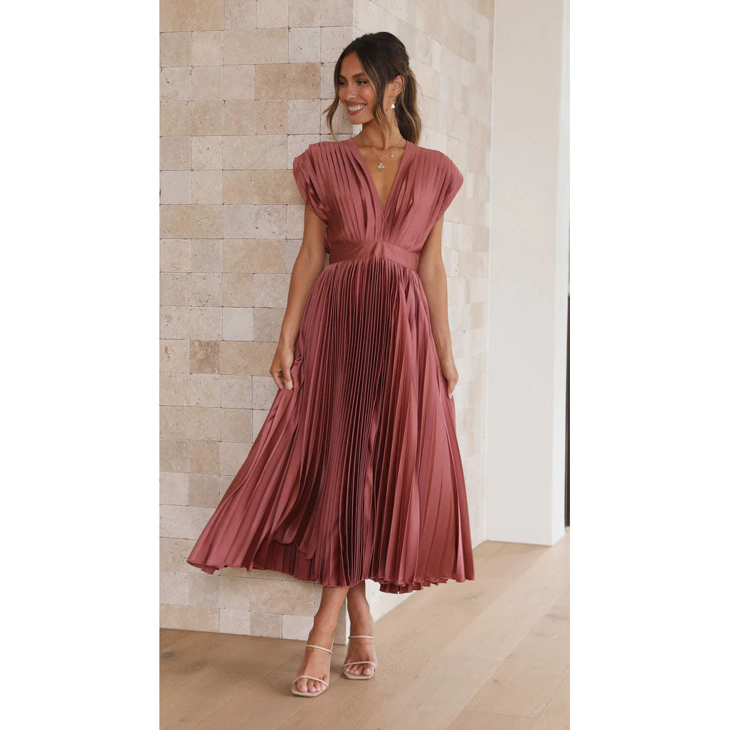 Summer V-neck Pleated Dress INS Fashion Casual Loose Zip Sleeveless Dresses For Women Clothing