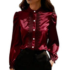Satin Lace-Patchwork Stand-Collar Shirt Top For Women