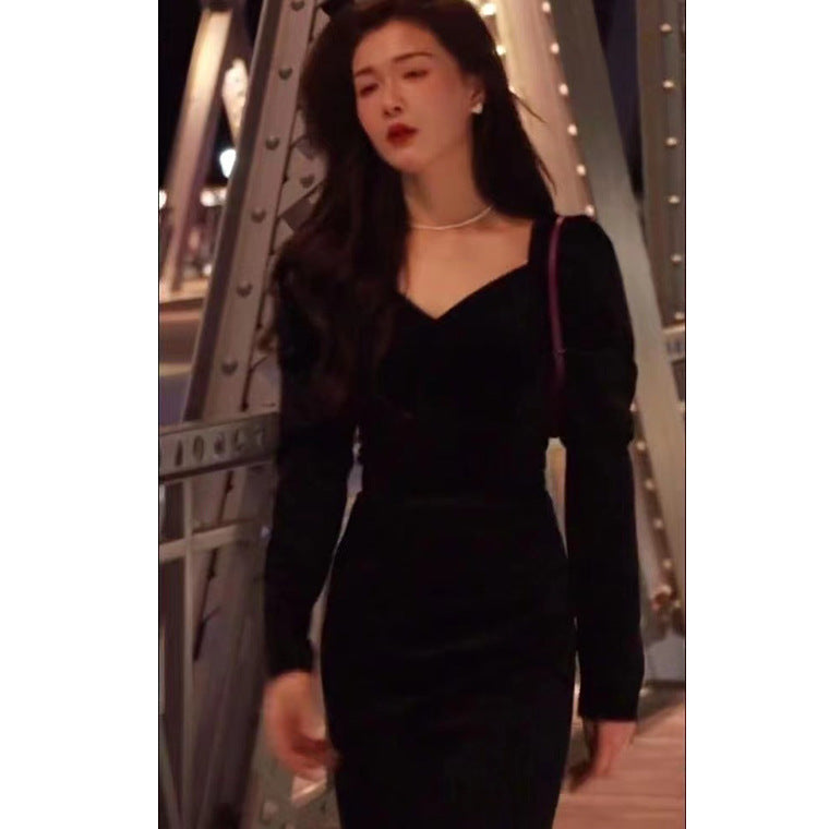 Women Fashionable Temperament Gold Velvet Dress