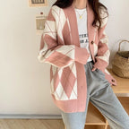 Diamond Contrast Color Cardigan Sweater Women