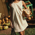 Women's Cotton Linen Vest Backless Solid Color Mini Dress