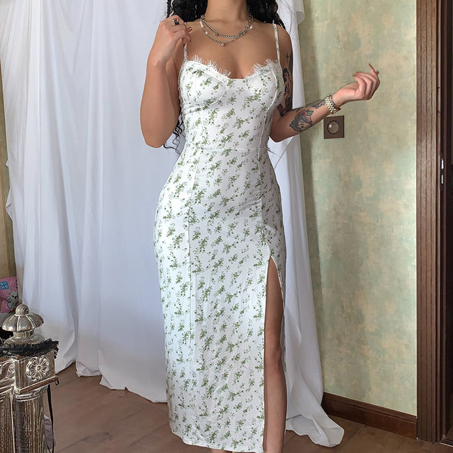 Lace Flowers Print Long Dress Sexy Fashion Slit Suspender Dress Summer Womens Clothing Main Image