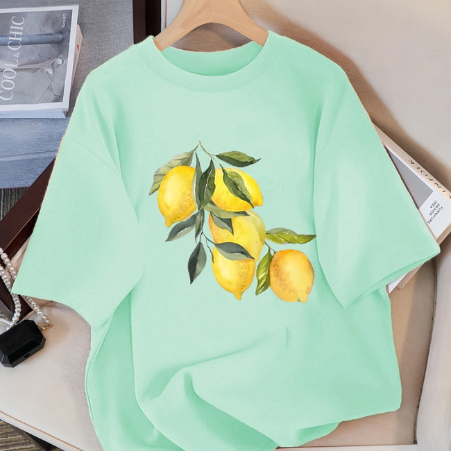 Creative Lemon Pattern T-Shirts Female Casual Soft Tops Fash Hover Image