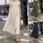 Cotton And Linen Dress Large Swing Short Sleeve Square Collar Elegant