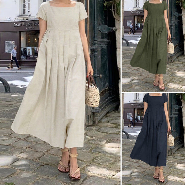 Cotton And Linen Dress Large Swing Short Sleeve Square Collar Elegant