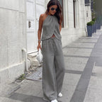 Two-piece Set Lace-up Halterneck Vest Sleeveless Top Women's Wide-leg Pants Suit