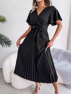 Women   Elegant Cross V Neck Flowy Pleated Maxi Dress