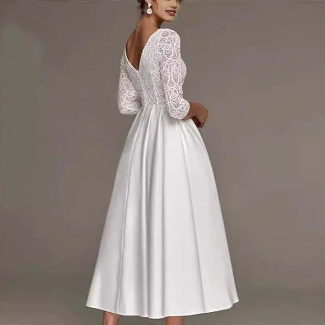 Bridal Deep V-neck Slim Lace Mid-length Long Sleeve Wedding Dress Main Image