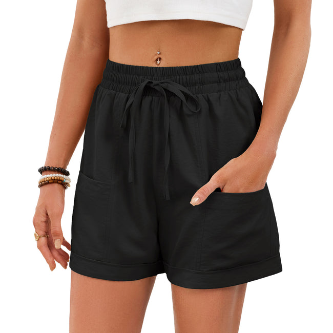 Solid-color Pocketed Drawstring Elastic-waist Loose-fitting Shorts For Women Main Image