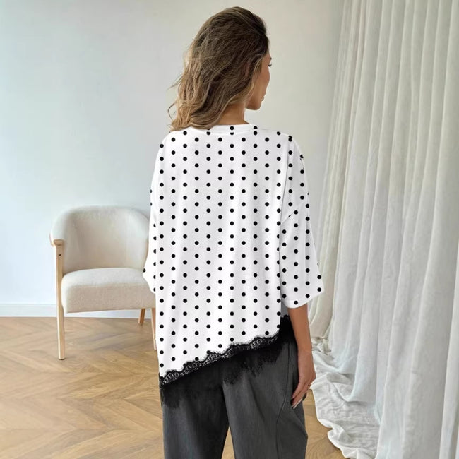 Polka-dot Top Asymmetric Lace-panel T-shirt For Women Main Image