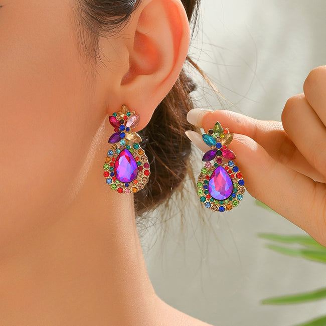 Sparkling Multicolor Paved Rhinestone Teardrop Stud Earrings Women Luxury Elegant Party Prom Formal Jewelry Accessories Hover Image