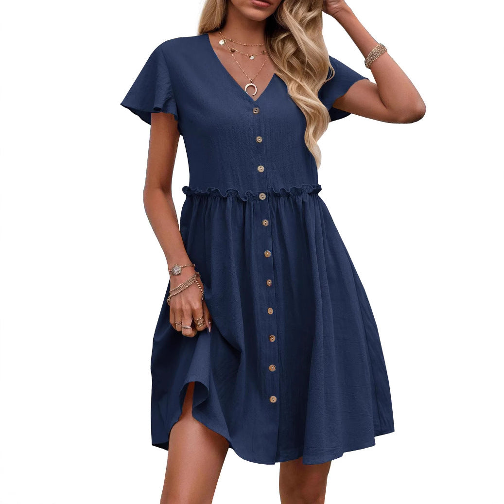 Button Butterfly Sleeve Cotton Linen With Pocket Beach Dress