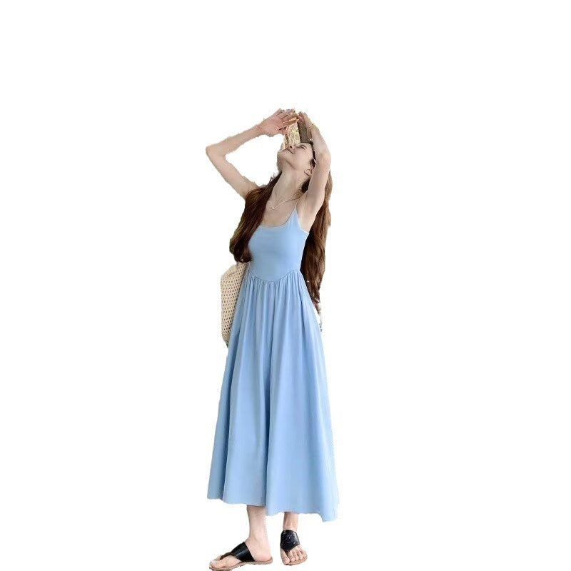 Gentle Blue Pleated Suspender Dress
