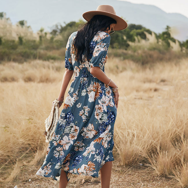 Floral Summer Beach Dress With V Neck Elastic Waist Dresses For Women Main Image
