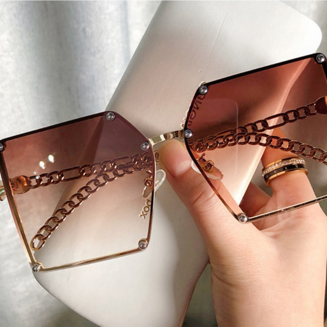 Frameless Big Square Sunglasses Women Fashion Personality Metal Chain Trendy Glasses Main Image