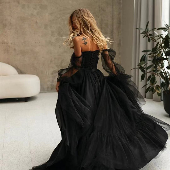Women's Long Sleeve Transparent Lace Black Wedding Dress Main Image
