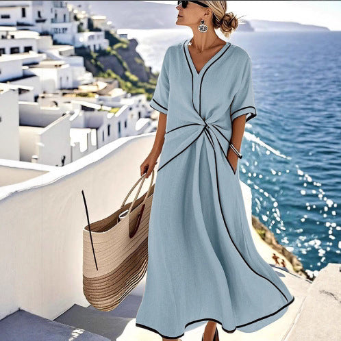 Summer Striped Print Dress Casual Beach Vacation Short-sleeved Maxi Dress Womens Clothing