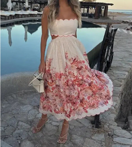 Women's Fashion Hollowed-out Printing Slip Dress
