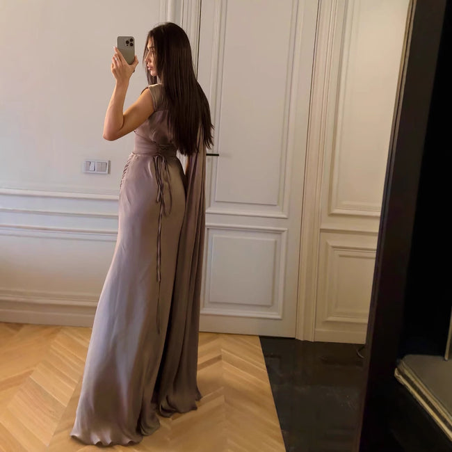 Pleated Ribbon Satin Evening Dress Main Image