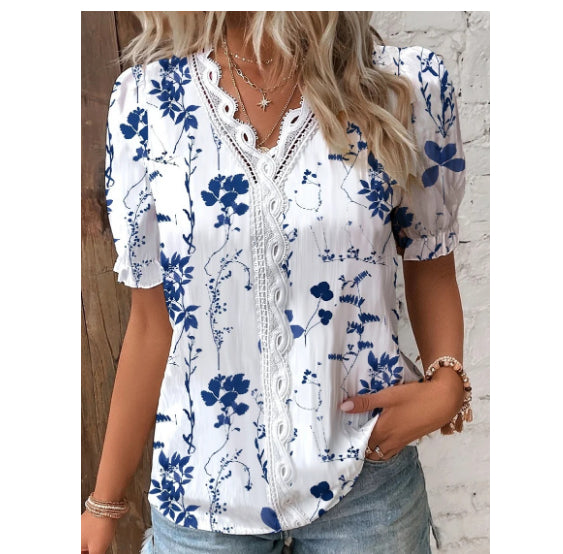 Summer V-neck Lace Stitching Printing Shirt For Women