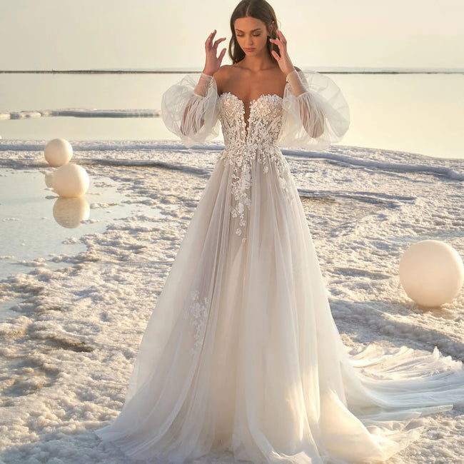 Women's Puff Sleeve Beach Wedding Dress Hover Image