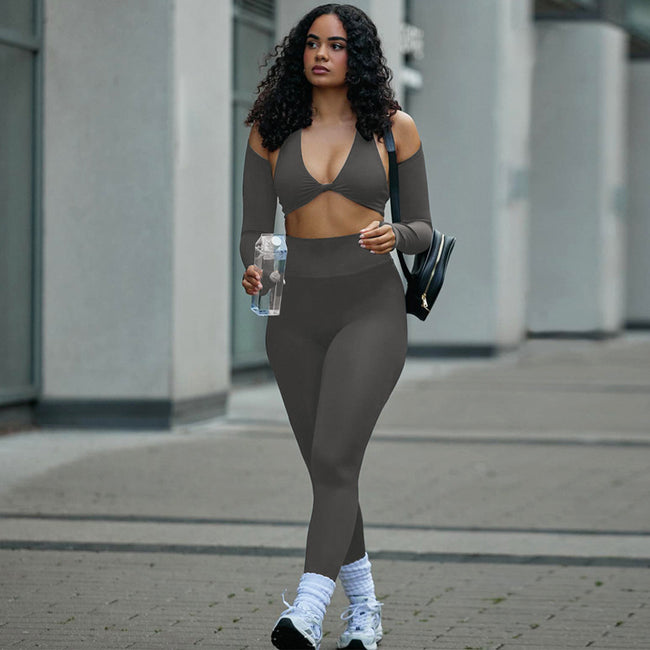 Long Sleeve Shawl Chest-wrapped Trousers Three-piece Set Solid Color Slim Fit Sports Suit Main Image