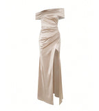 Elegant Off Shoulder Satin Slit Dress, Wedding Extra Long Formal Gown, Christmas Party Dress, Bridesmaid Dress