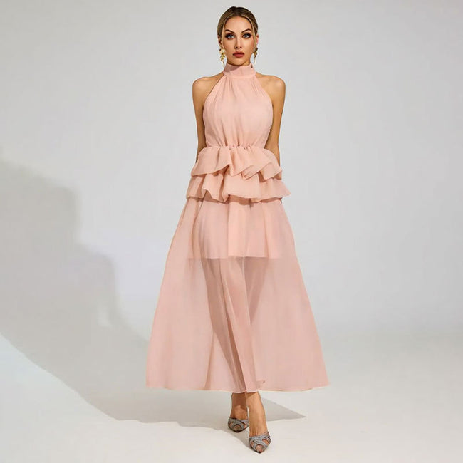 Flowy Ruffled Wedding Dress With A Halter Neckline Main Image
