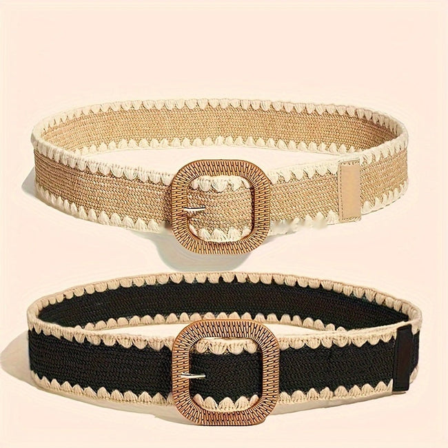 European And American Wooden Buckle Elastic Pp Grass Belt Hover Image