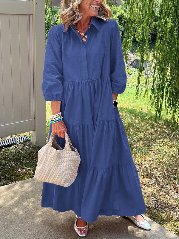 Casual Loose Lapels Mid-sleeve Large Swing Dress