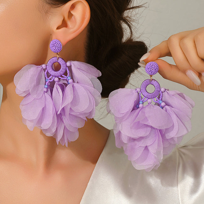 Handmade Bohemian Beaded Chiffon Flower Tassel Earrings For Women Tropical Vacation Statement Jewelry Main Image
