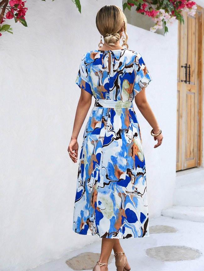 Summer Print Short-sleeved Dress Summer Loose Lace-up A-line Long Dresses Fashion Casual Holiday Beach Dress For Womens Clothing Main Image
