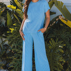 Solid Color Short Sleeve Two-piece Set Women Loose Knit Casual Suit