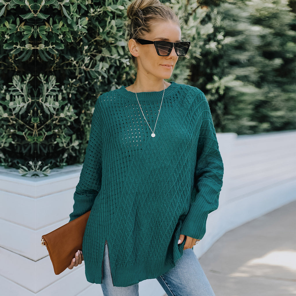 Round Neck Long Sleeve Hollow Knit Sweater Women Loose Sweater Winter