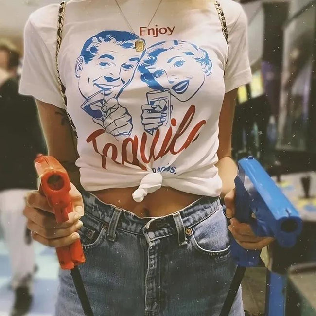 Enjoy Tequila Retro Graphic Tees Women Cute Funny Alcoh Hover Image