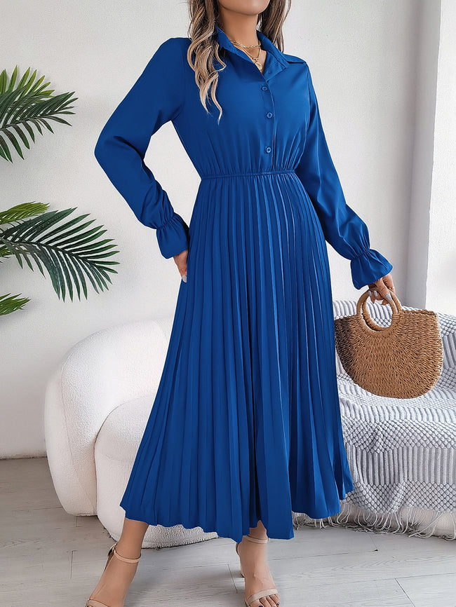Women's Casual Lapel Button Long Sleeve Tie Waist Pleated Maxi Dress Hover Image