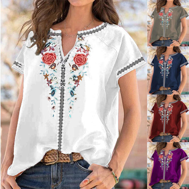 Summer New Ethnic Print Short Sleeve T-shirt Top Women Hover Image
