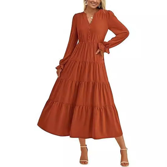 Autumn Layered Ruffled Flowy Long Dress