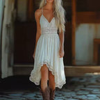 Women's Solid Color V-Neck Slip Dress With Asymmetrical Hem & Lace Trim - Bohemian Midi Dress For Summer