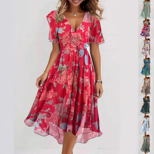 Flowers Printed V-neck Dress Summer A-line Short-sleeved Dresses For Women Hover Image