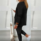 Women's Solid Color Long Sleeve Suit Set - Stylish Notch Lapel Blazer With Pockets & Drawstring Waist Pants, Spring&Fall Business Casual Outfit