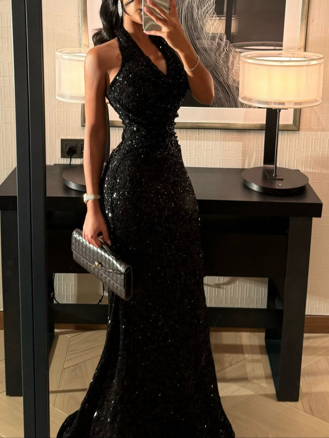 Black Sequin Halter Neck Mermaid Gown With Full Sparkle Detail Hover Image